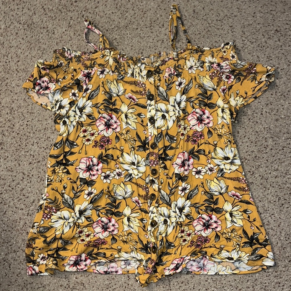Torrid yellow floral cold shoulder top
